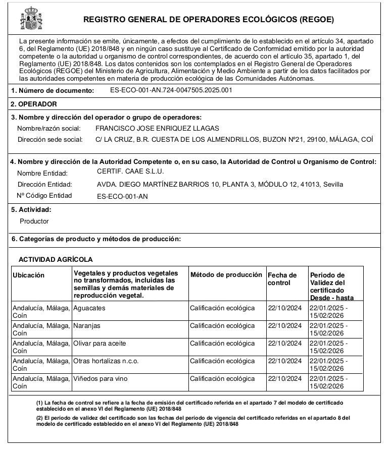 Certificado Agroecológica El Nacimiento